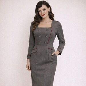 Bettie Page Las Vegas Wiggle Dress Women S Gray Red Piping Retro Military Pinup